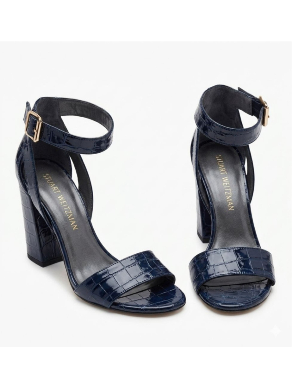 Stuart Weitzman Navy crocodile print patent leather sandals. Womens Size 7